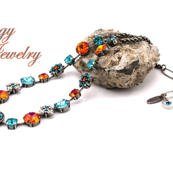 Fiamma Vita Austrian Crystal Flower Necklace Orange and Teal, Antique silver - Picture 6 of 6
